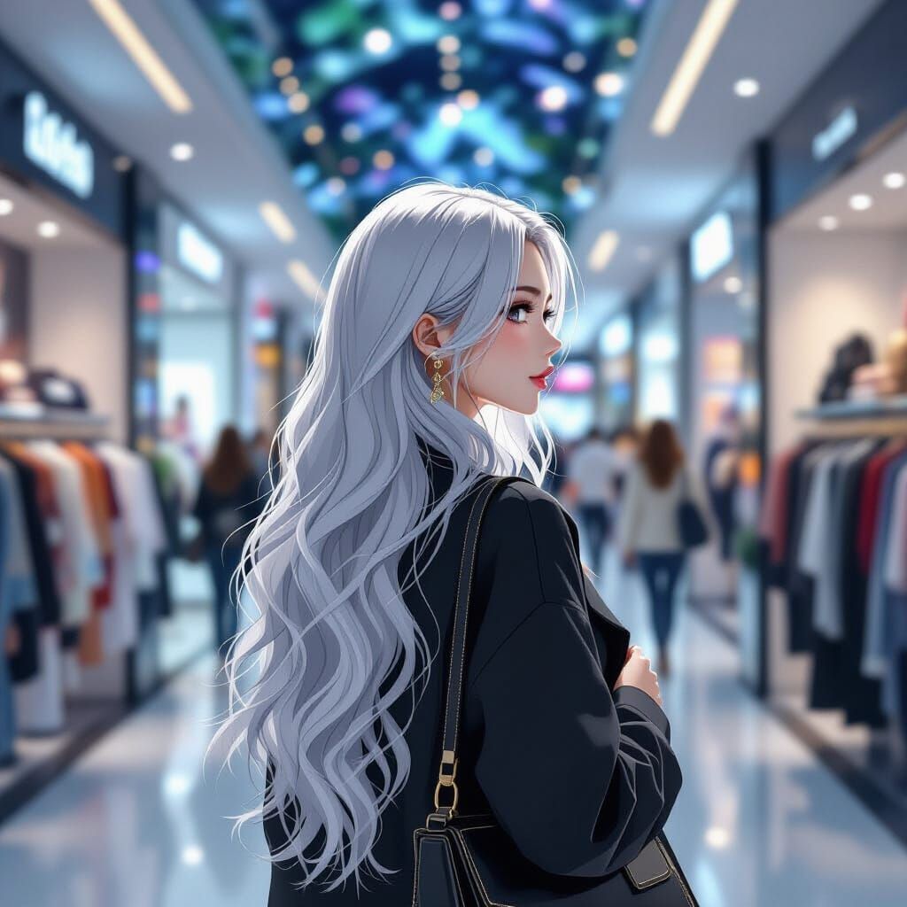 Woman with Platinum Hair in Mall, Hyperreal Anime Style