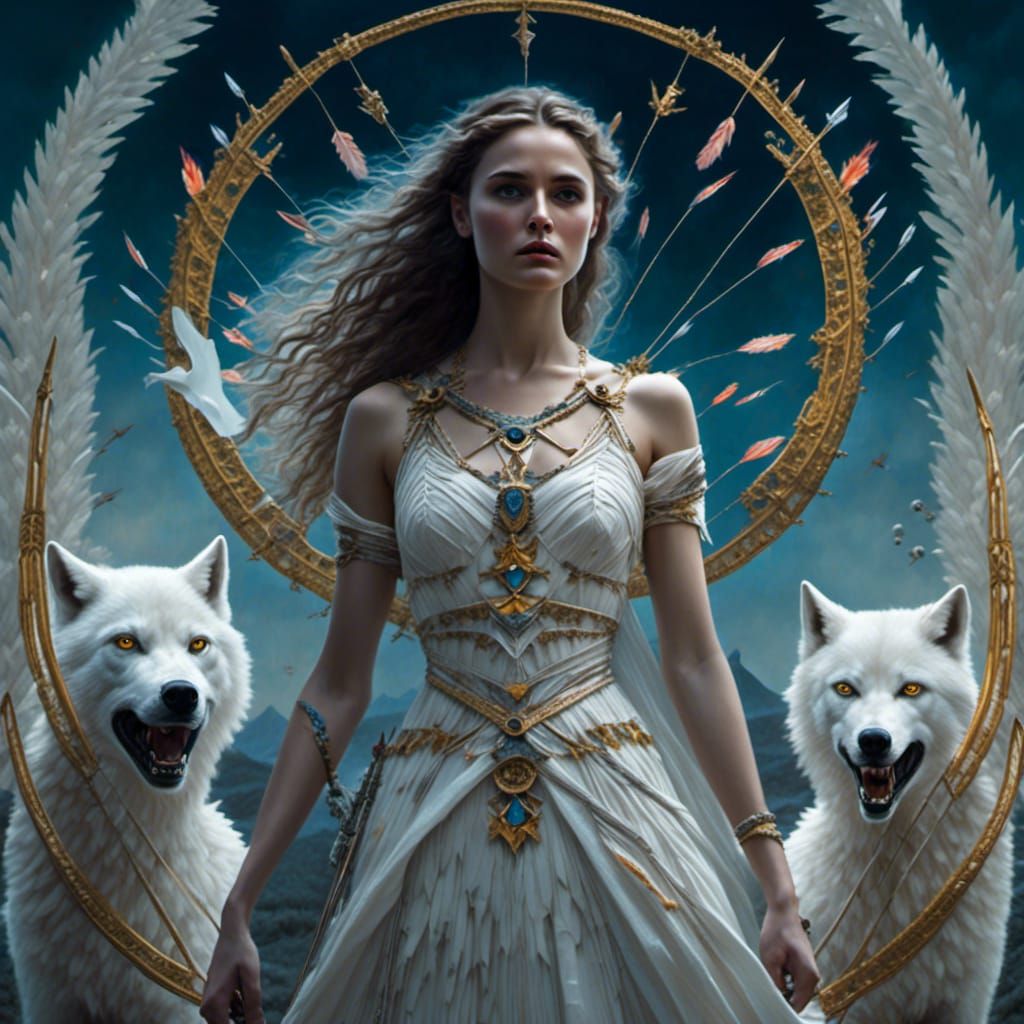 Greek Huntress with White Wolf in Ethereal Moonlight