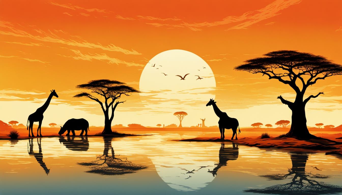 African Savanna Sunset with Hippos and Giraffe in Pop Art