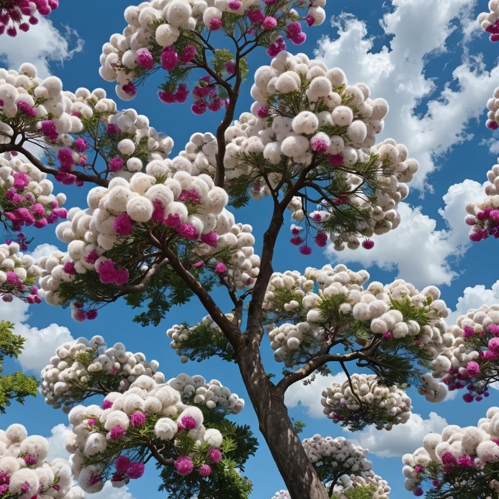 Blooming Mimosa Silk Tree with Azure Sky