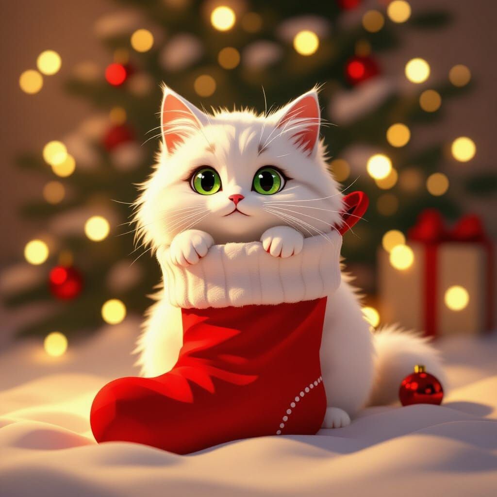 Fluffy Cat Peeks From Christmas Stocking in Low Poly Style