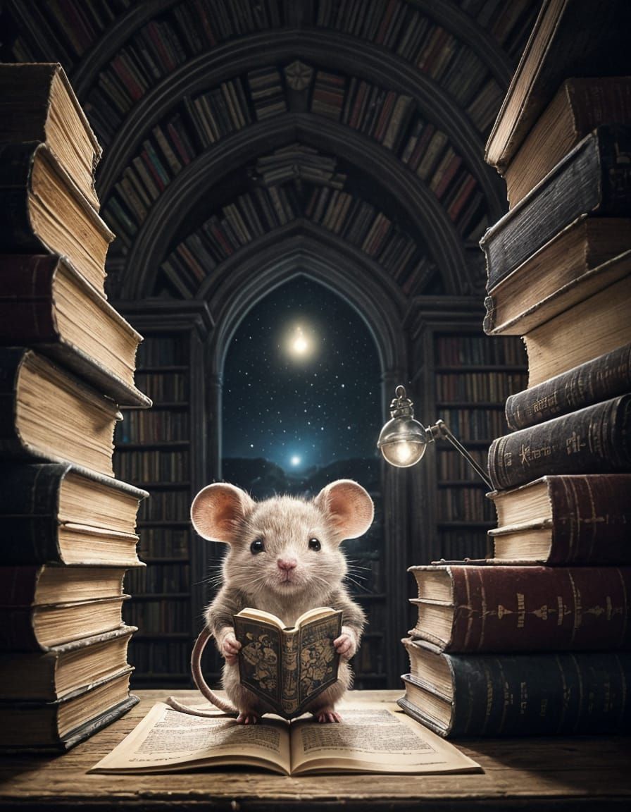 Rocker Mouse Contemplating Secrets in Old Library