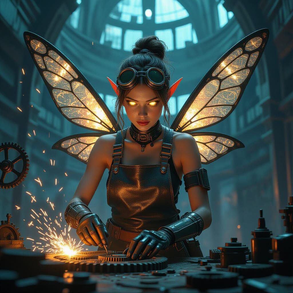 Clockwork Fairy Mechanic in Cyberpunk Style