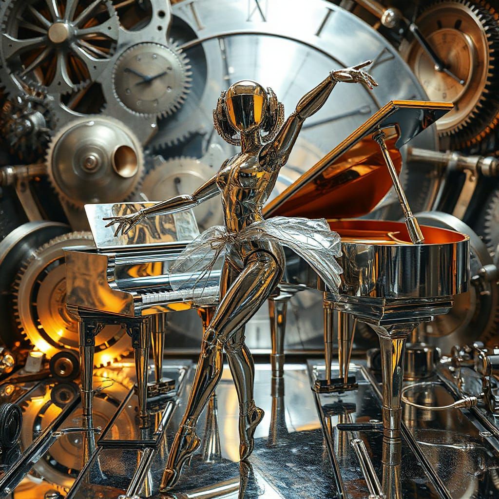 Steampunk Ballerina in a Gearscape of Chrome and Shadows