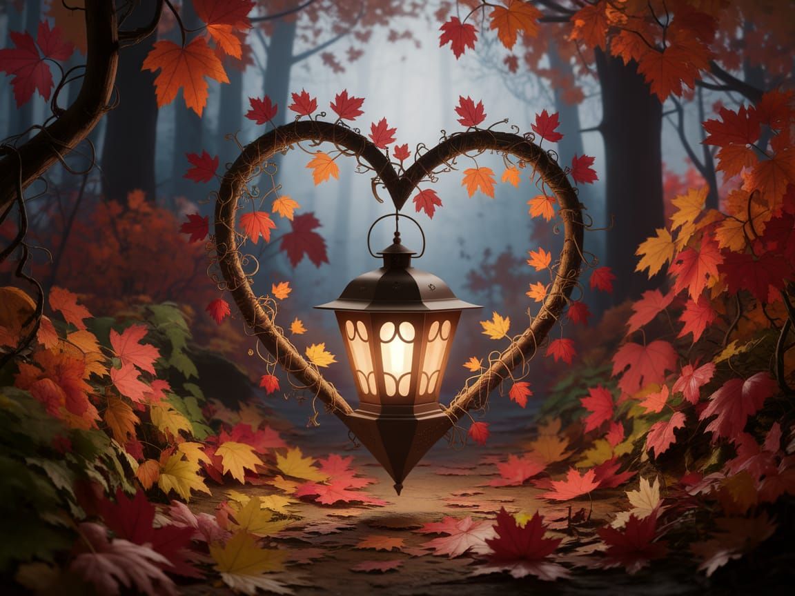 Mystical Autumn Forest Scene with Heart-Shaped Lantern