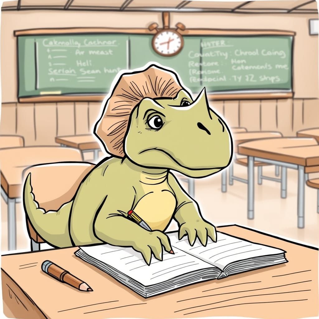 Triceratops in a Classroom Cartoon