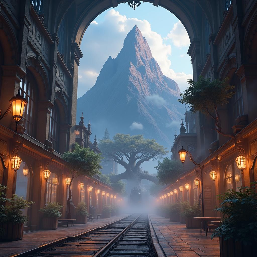 Majestic Mountain Rises in Bustling Train Station