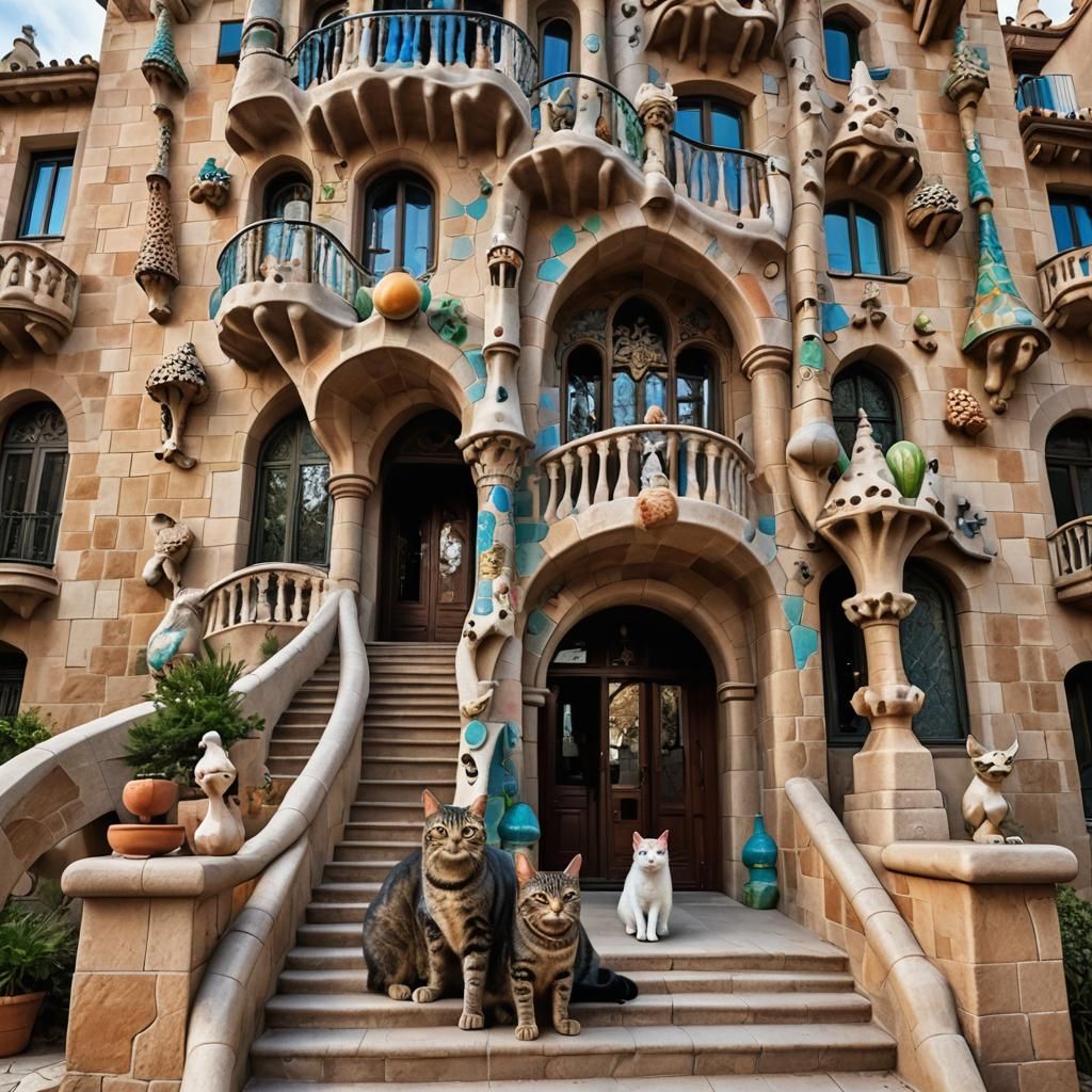 Gaudi-Inspired House with Dragon and Cat Statues