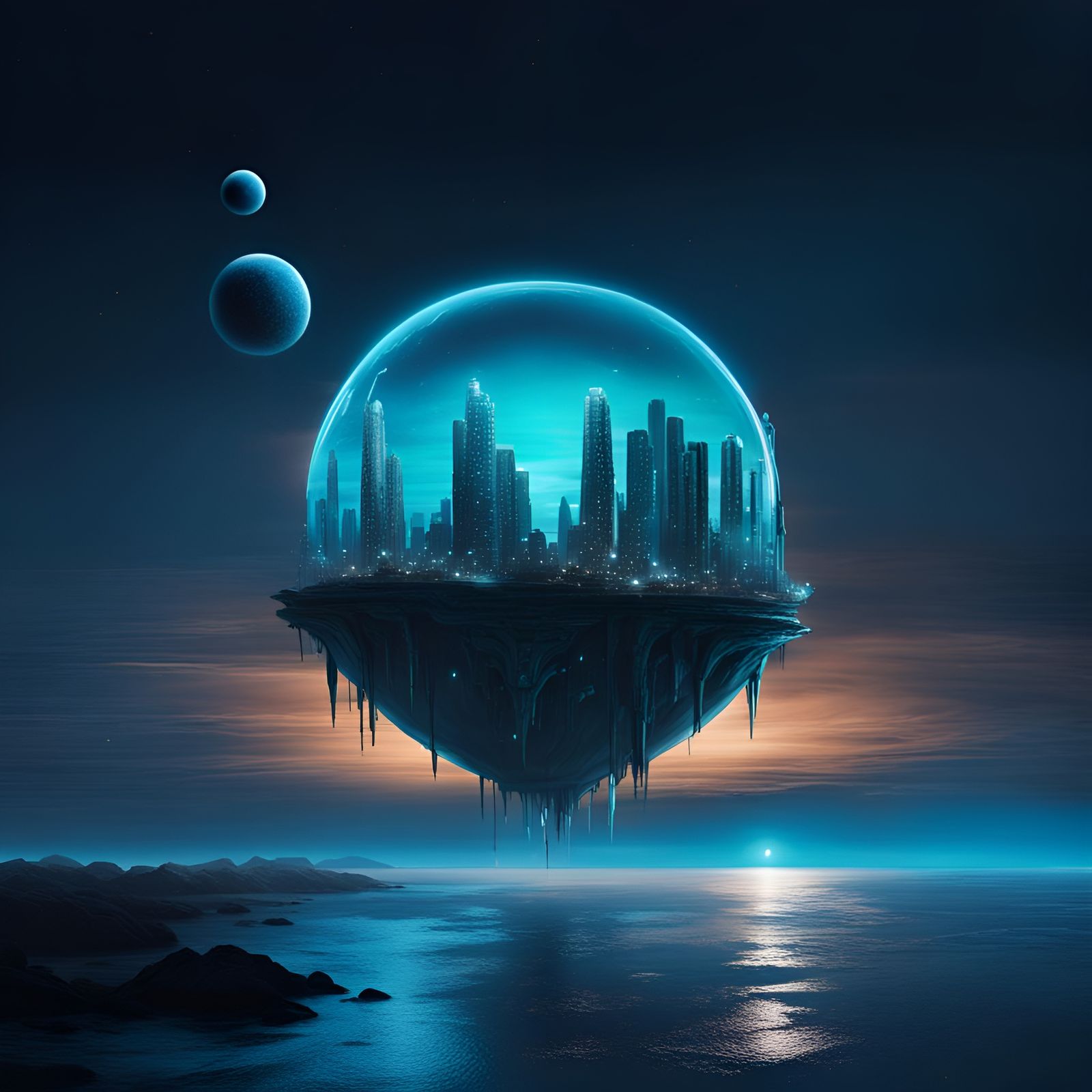 Bioluminescent Alien City Floating Above Ocean