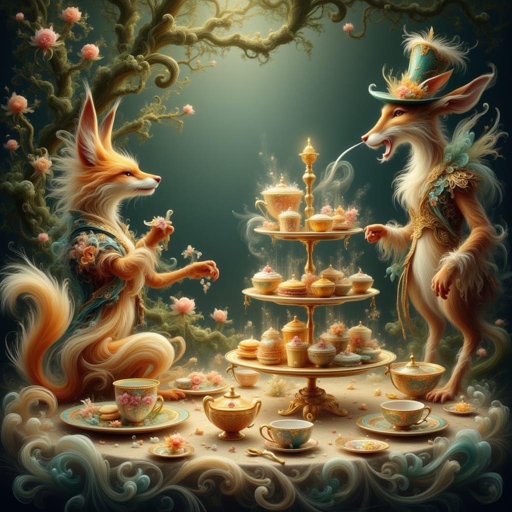 Magical Forest Tea Party with Animals in Storybook Style