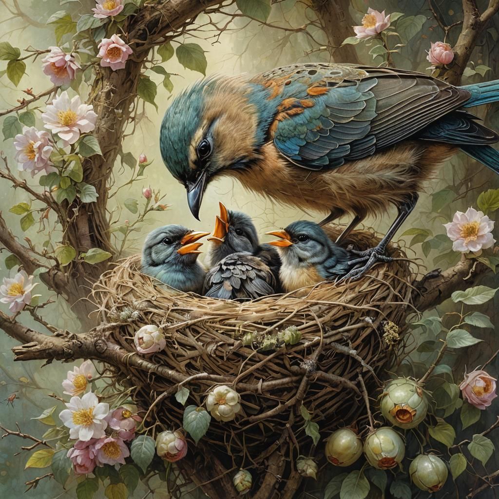 Mother Bird Feeding Chicks in Nest