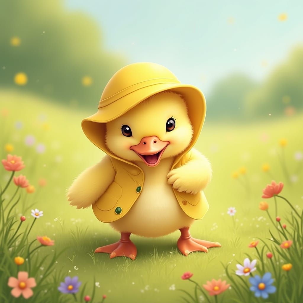 Cute Duckling in Sunny Meadow Illustration