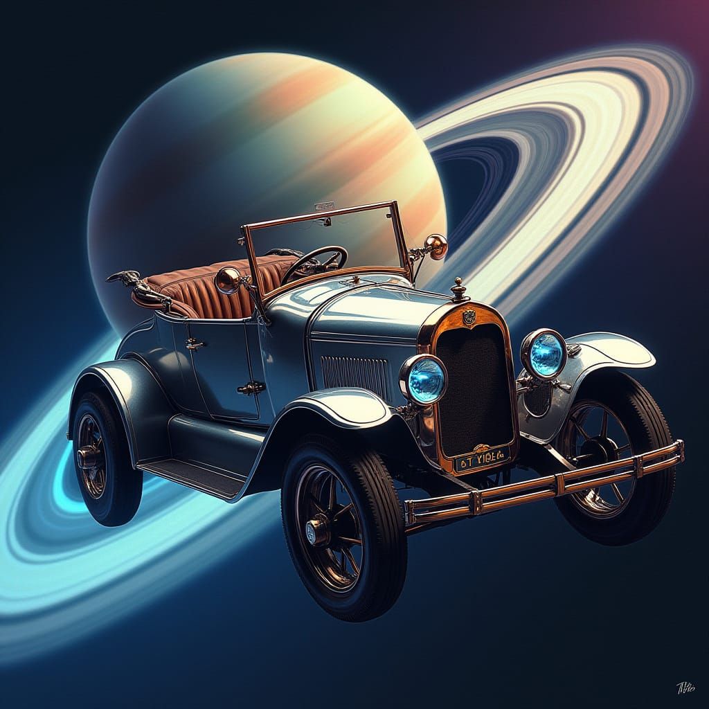 Vintage Model T Spaceship in Orbit Around Saturn