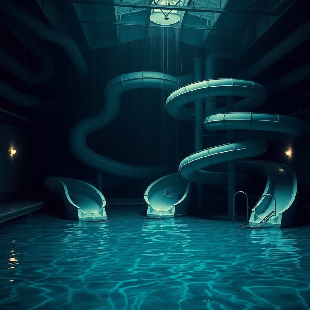 Eerie, Abandoned Indoor Pool with Twisted Water Slides