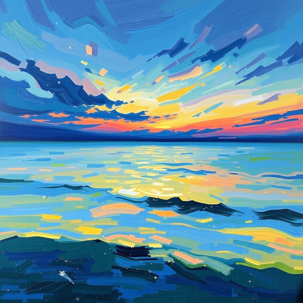 Calm Twilight Water in Neo-Impressionist Style