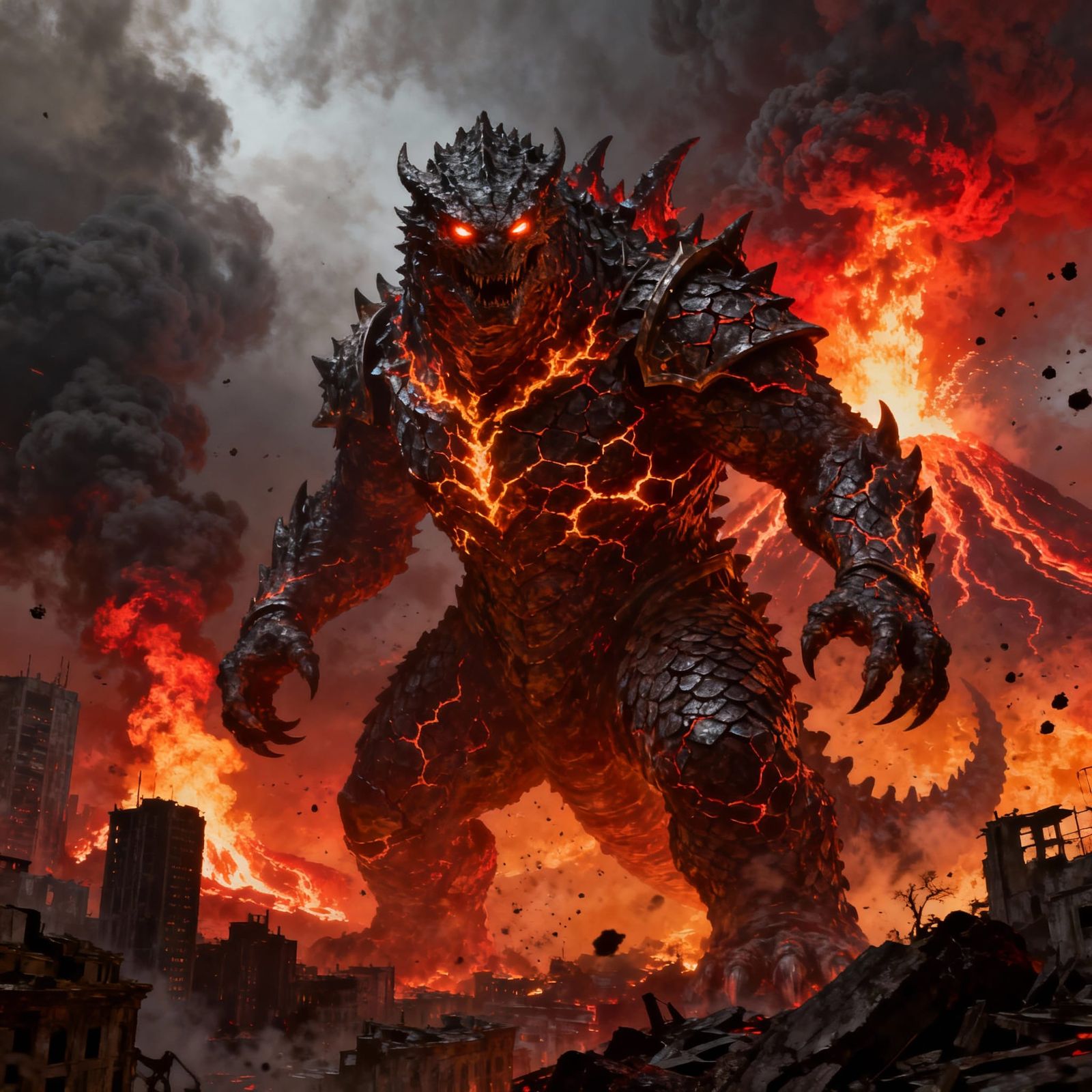 Fiery Demon Kaiju in Ruined Cityscape