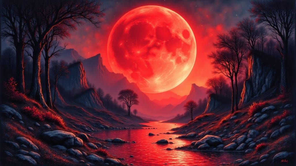 Surreal Landscape with Red Moon and Cracked Effect