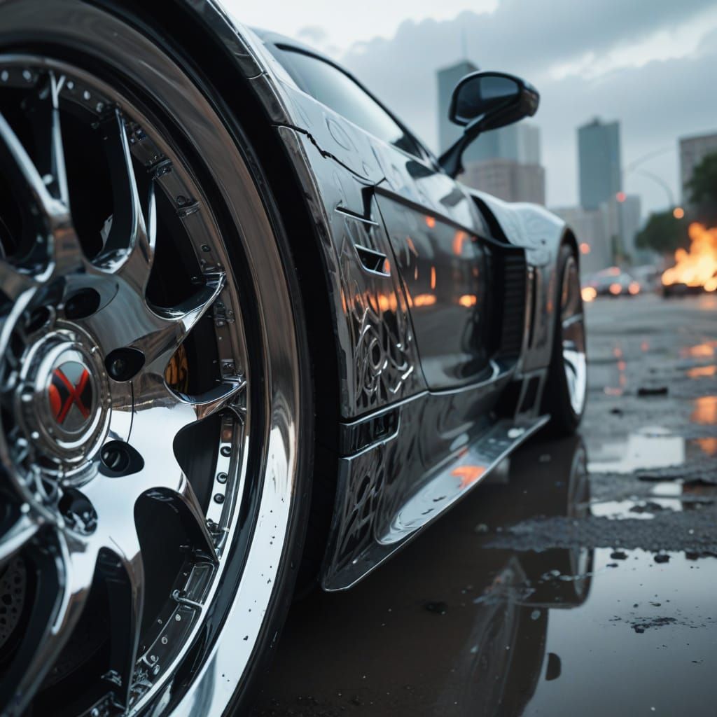 Futuristic Sports Car Chrome Accents in Post-Apocalyptic Bla...