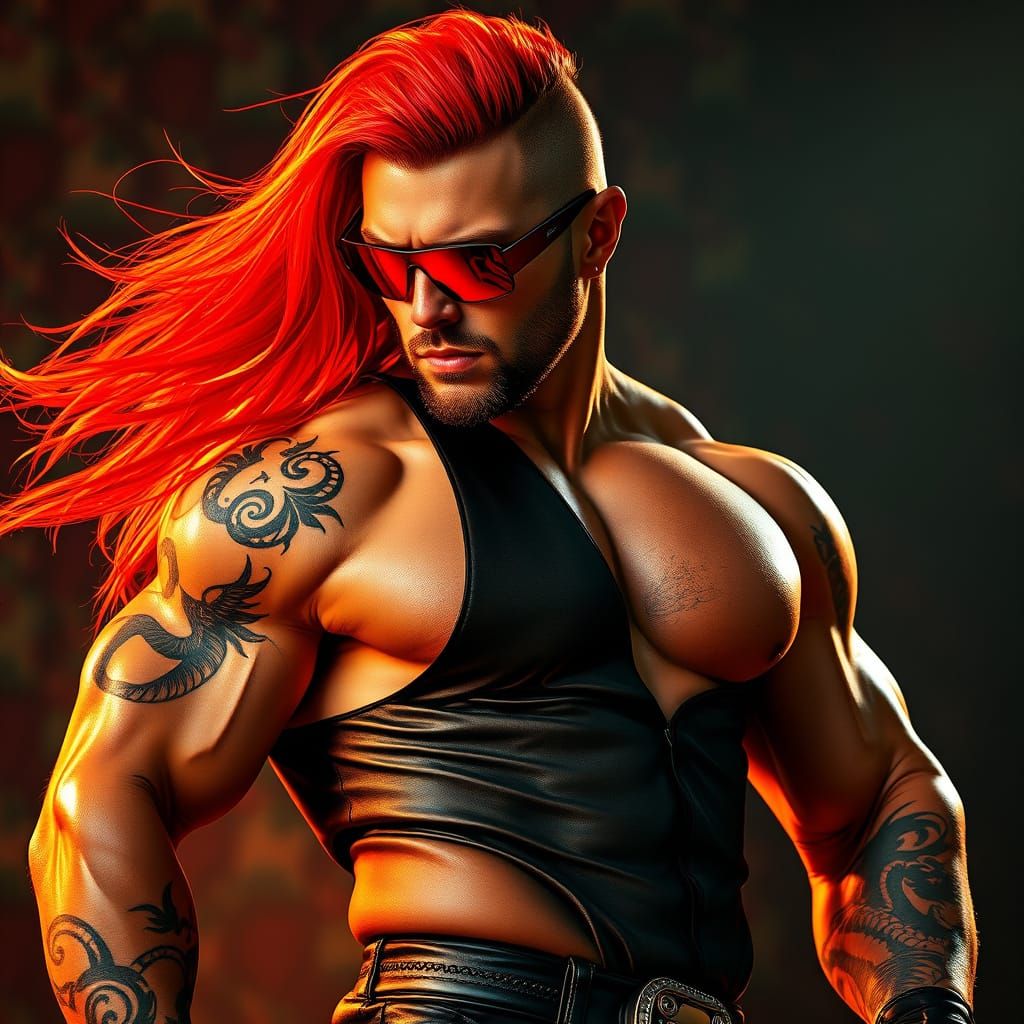 Sleek Wrestler in Hyperrealistic Red and Black Attire