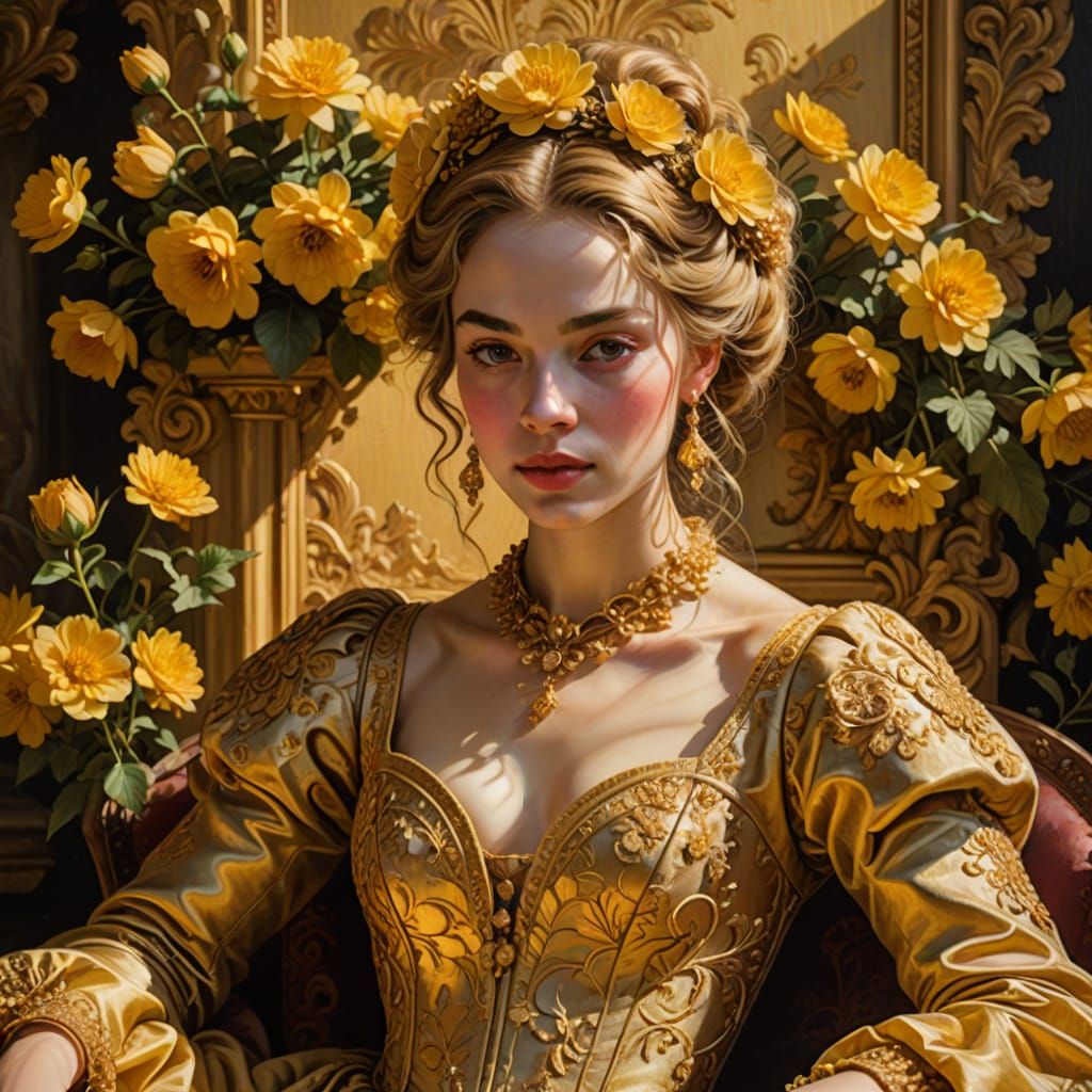 Baroque Woman in Golden Gown, Oil Painting