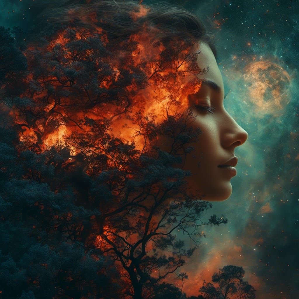 Woman and Wildfire in Starry Night Sky