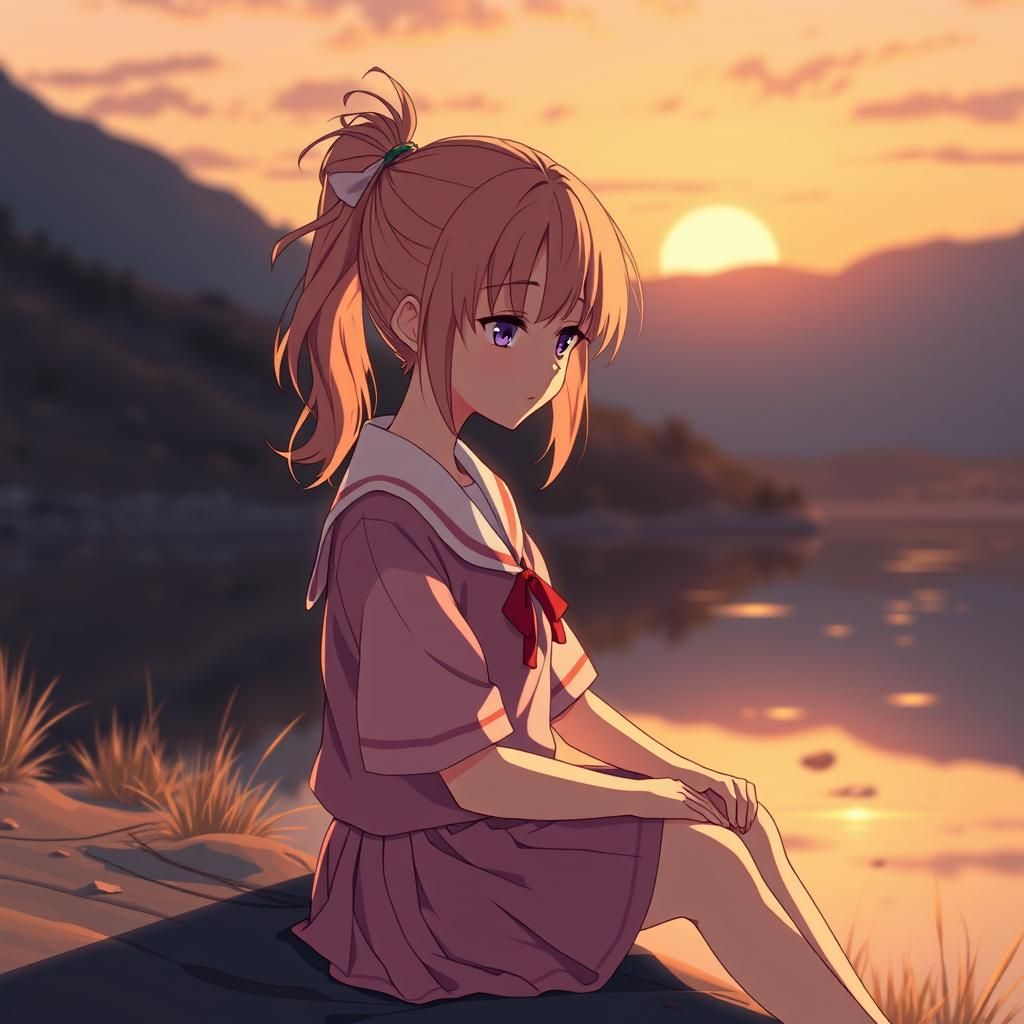 Anime Girl on Riverbank at Sunset in Cel-Shaded Style