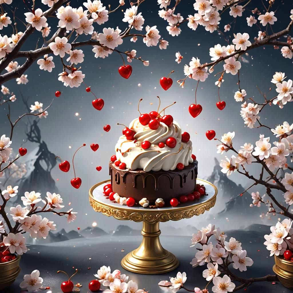 Stunning Cherry Chocolate Cake with Blossoms, Matte Painting