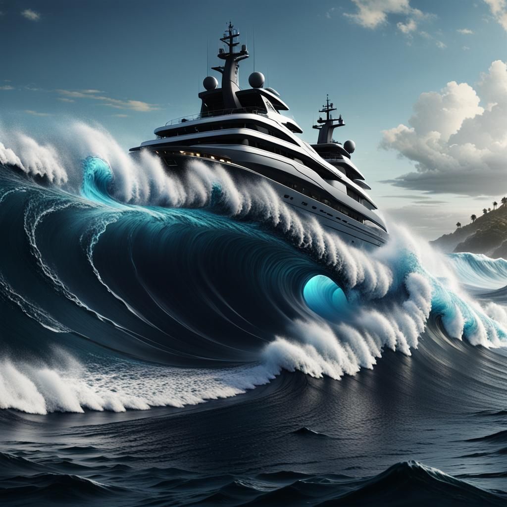 Black Yacht Rides Tsunami Wave: Detailed Matte Painting