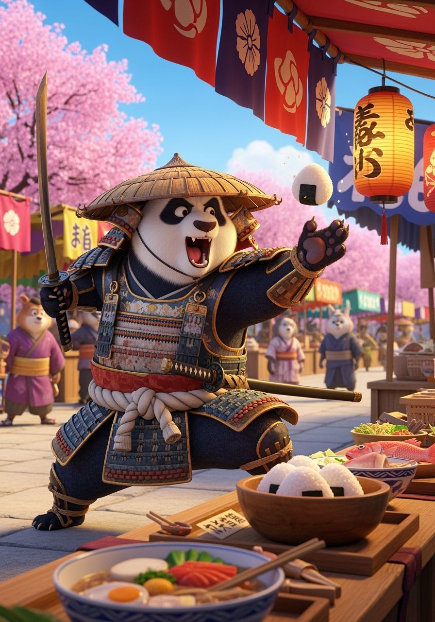 Samurai Panda at Japanese Market in Pixar Style