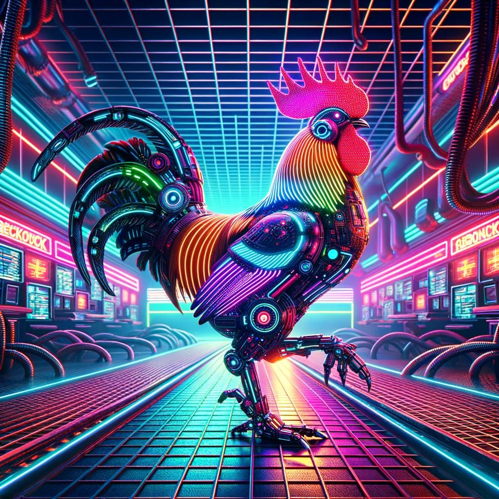 Cyberpunk Rooster in Neon Chicken Coop