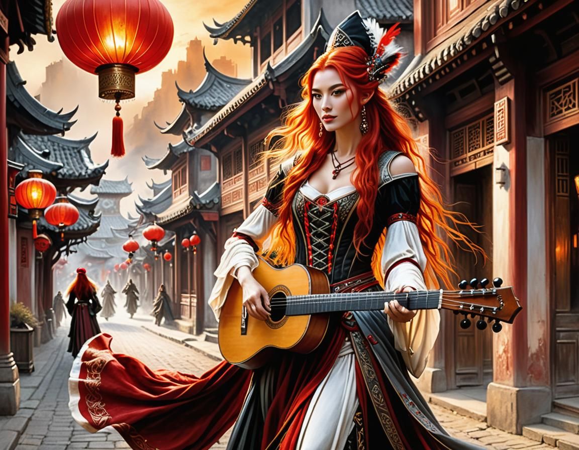 Elven Bard in China: Oil Painting in Fantasy Art Style