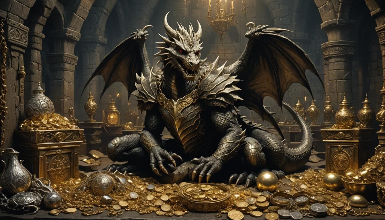 Celtic Dragon Guarding Gold Hoard in Lair