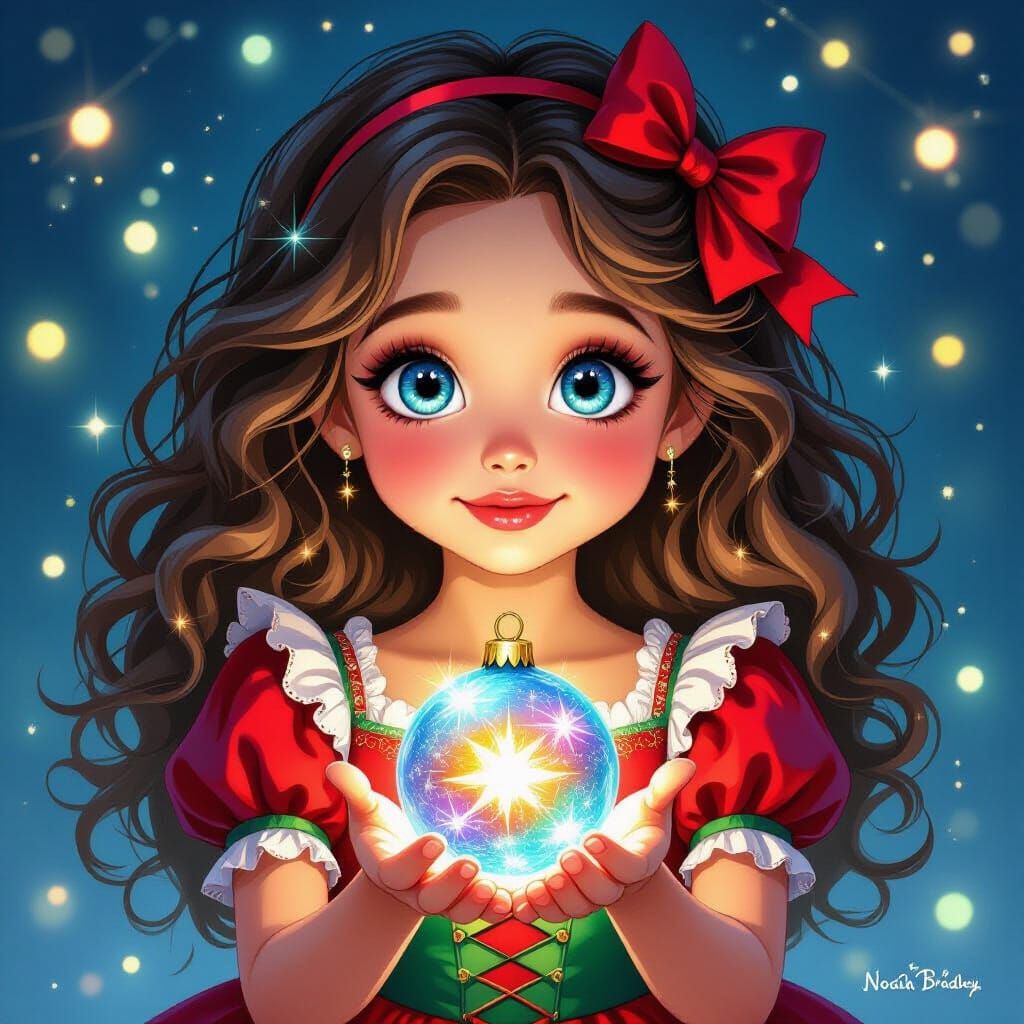 Christmas Girl Holding Glowing Ornament, Cartoon Painting
