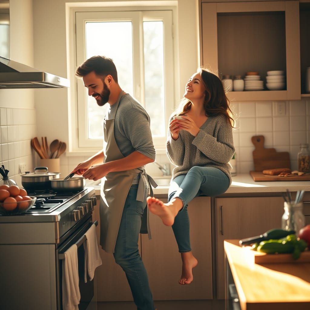 Romantic Couple Cooking in Cozy Kitchen Sunlight