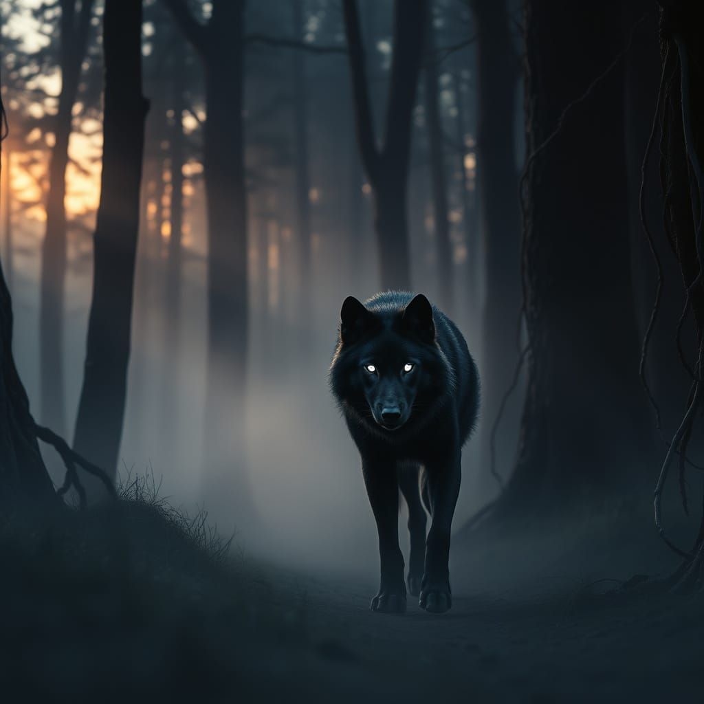 Ebony Wolf in Misty Forest: Cinematic Twilight Scene