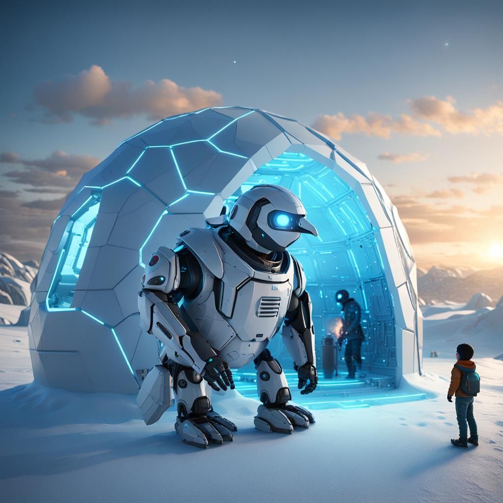 Futuristic Robot Penguin with Boy in Sci-Fi Scene