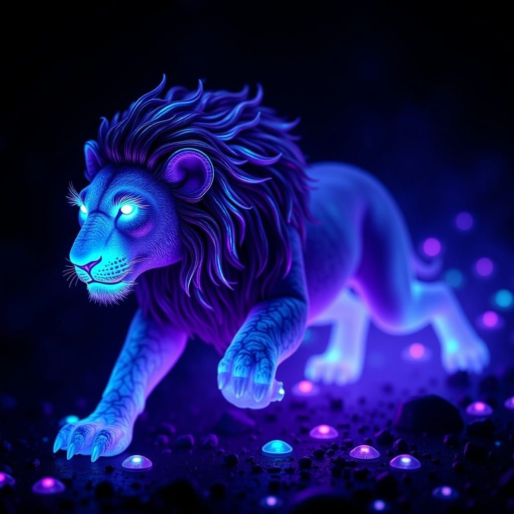 Chrome Lion Leaping Forward in Bioluminescent Glow