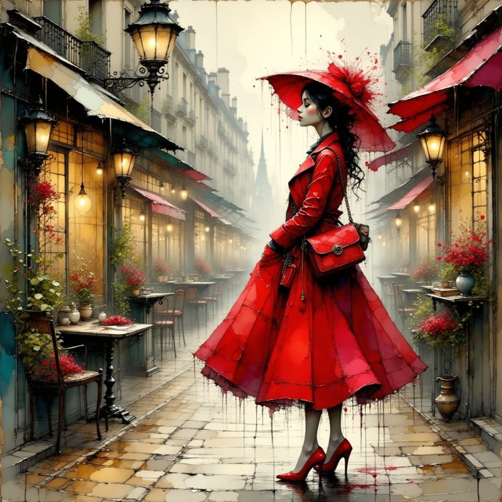 Woman in Red Raincoat in Paris, Cinematic Style