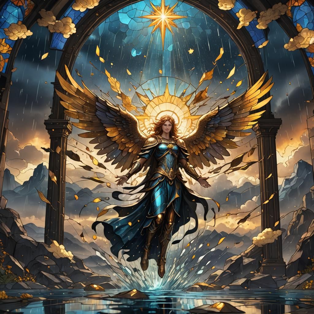 Stained Glass Fallen Angel in Golden Clouds