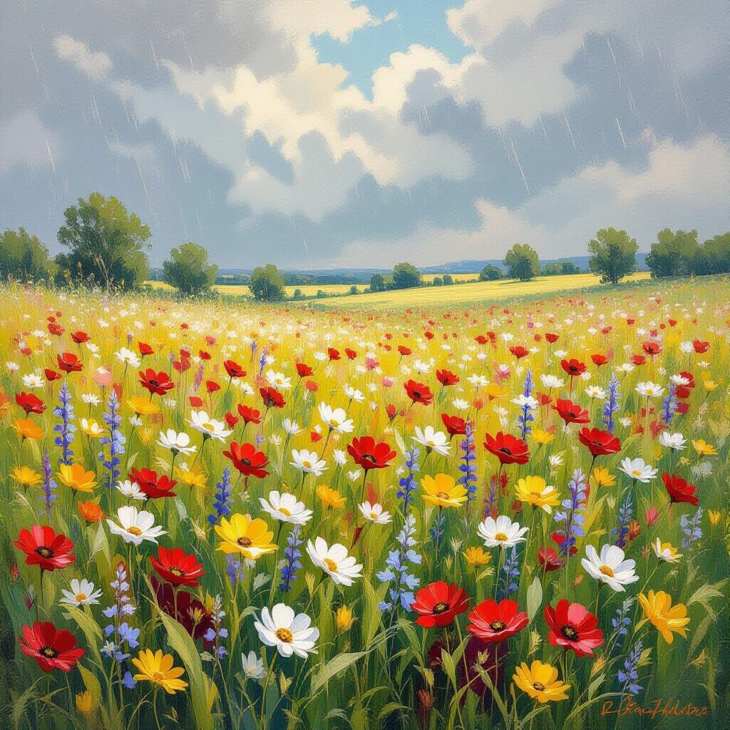 Wildflowers Swaying in Summer Rain as Impressionistic Landsc...