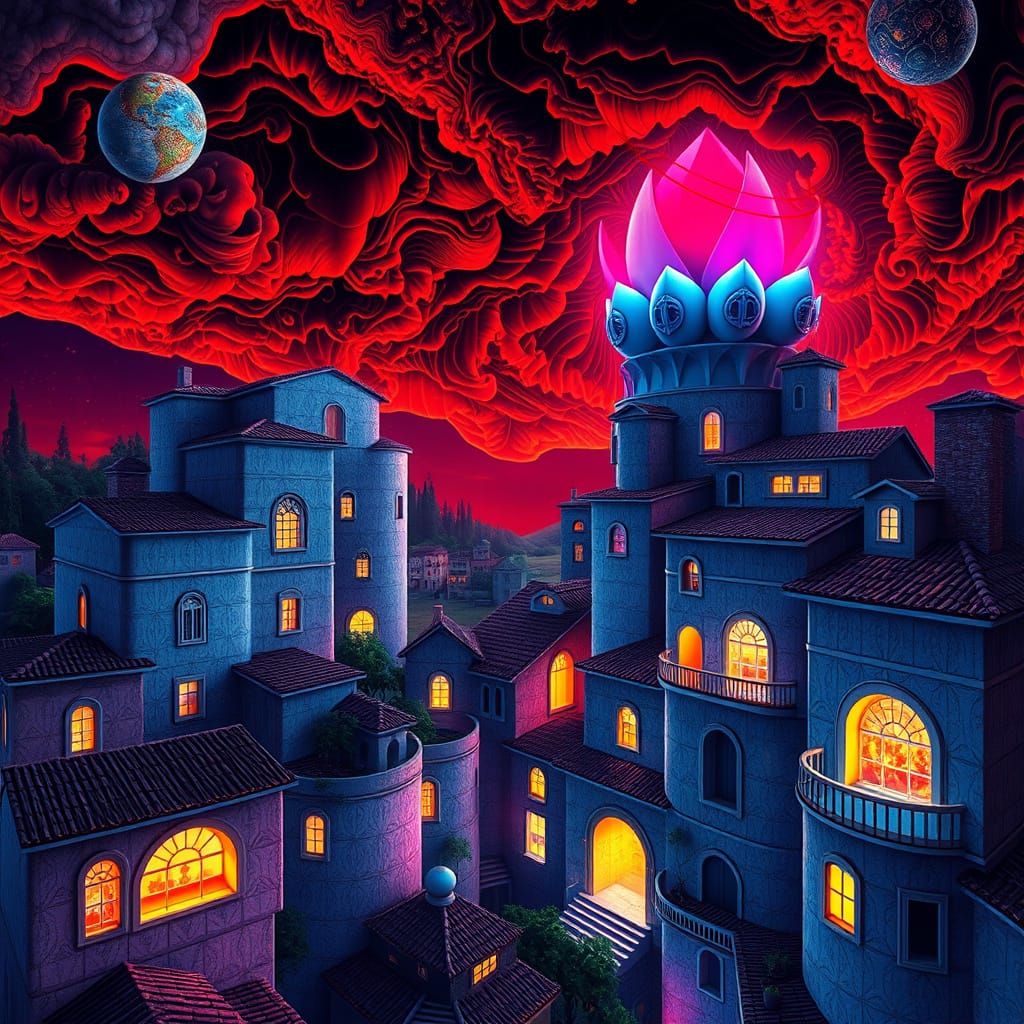 Surreal Townscape in Vibrant, Cosmic Colors