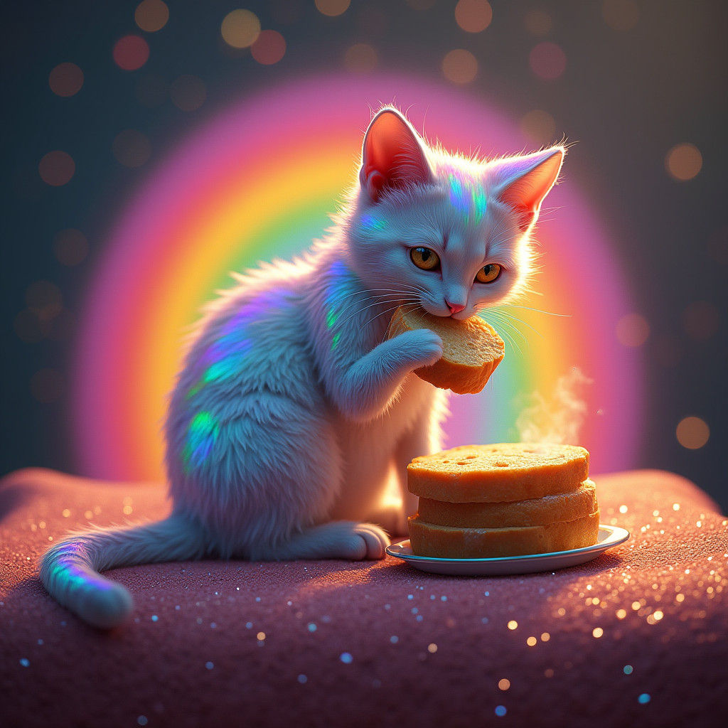 Rainbow Cat's Bread Feast: A Whimsical Digital Painting