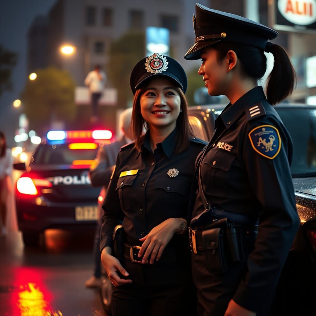 Confident Ladyboy in Police Uniform Engages with Friendly Wo...