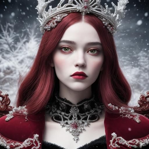 Girl in Burgundy Suit with Crown in Postmodern Style