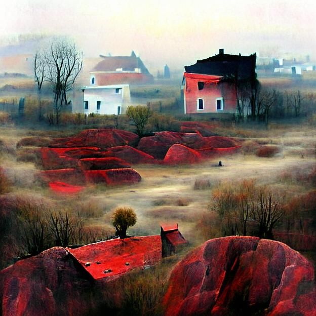 Eerie Red Fog Landscape with Abandoned Town