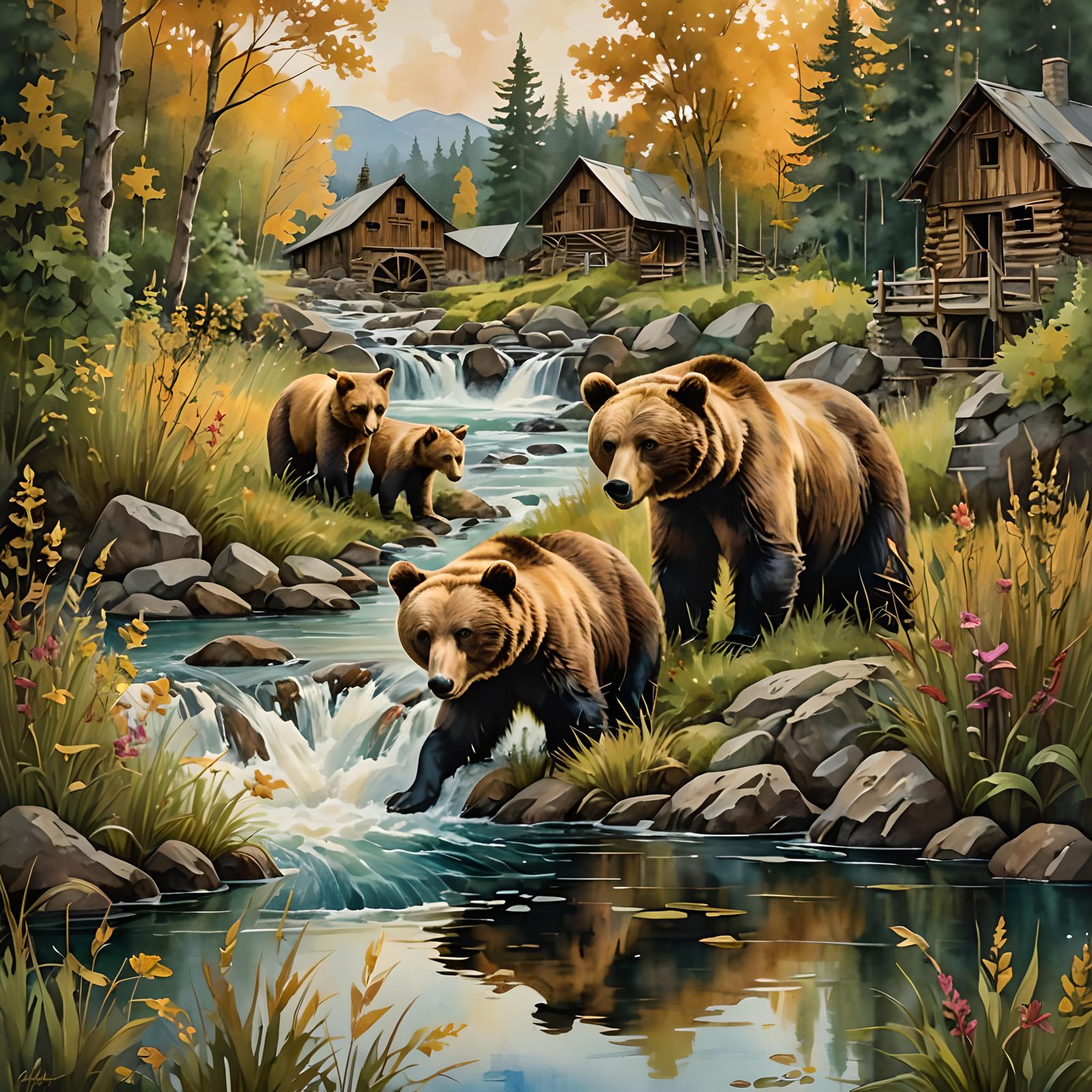 Stunning bear hunting fish with cub,