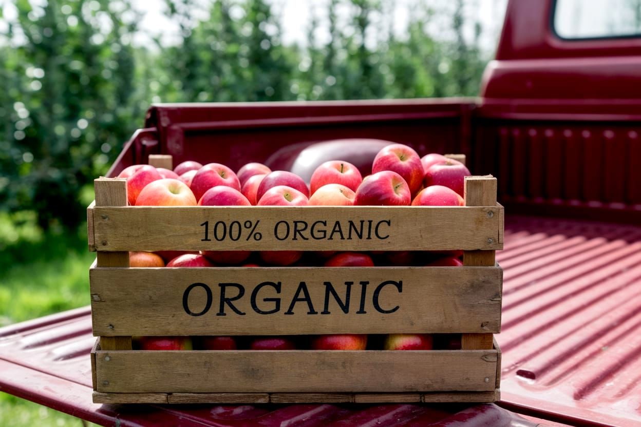 Vintage Organic Apple Crate on Rustic Pick Up Truck