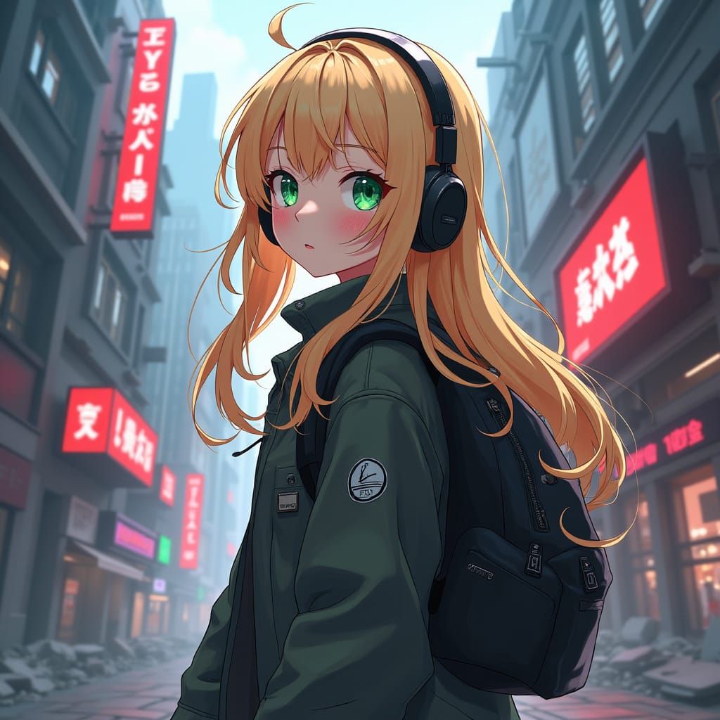 Anime Girl Navigates Dystopian Cyberpunk Cityscape