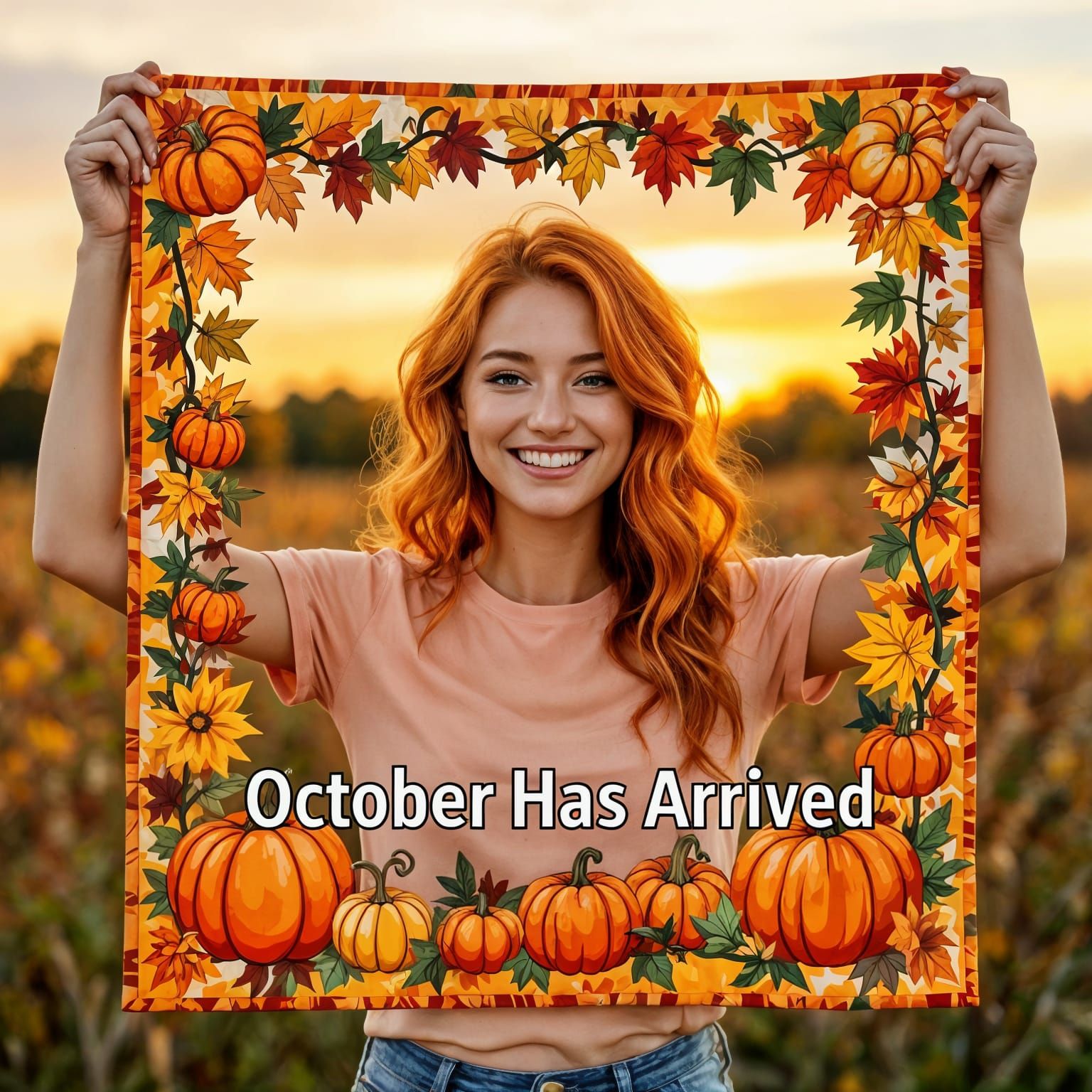 Woman Holds Quilt with Autumn Pumpkins and Sunset