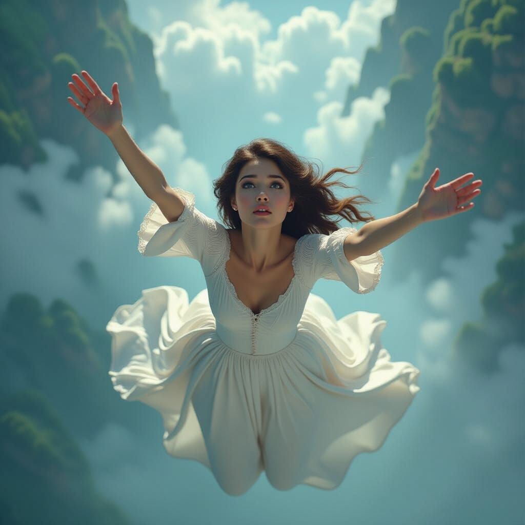 Woman Falling Through Sky, Desperate Eyes, Dramatic Lighting